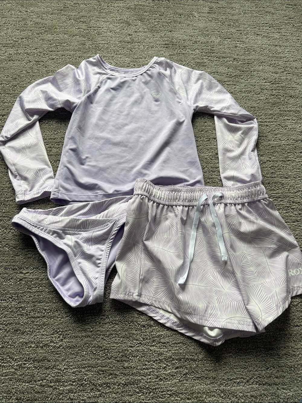 Roxy Girls' Lavender Long-Sleeve Rash Guard Set with Bikini Bottoms & Shorts
